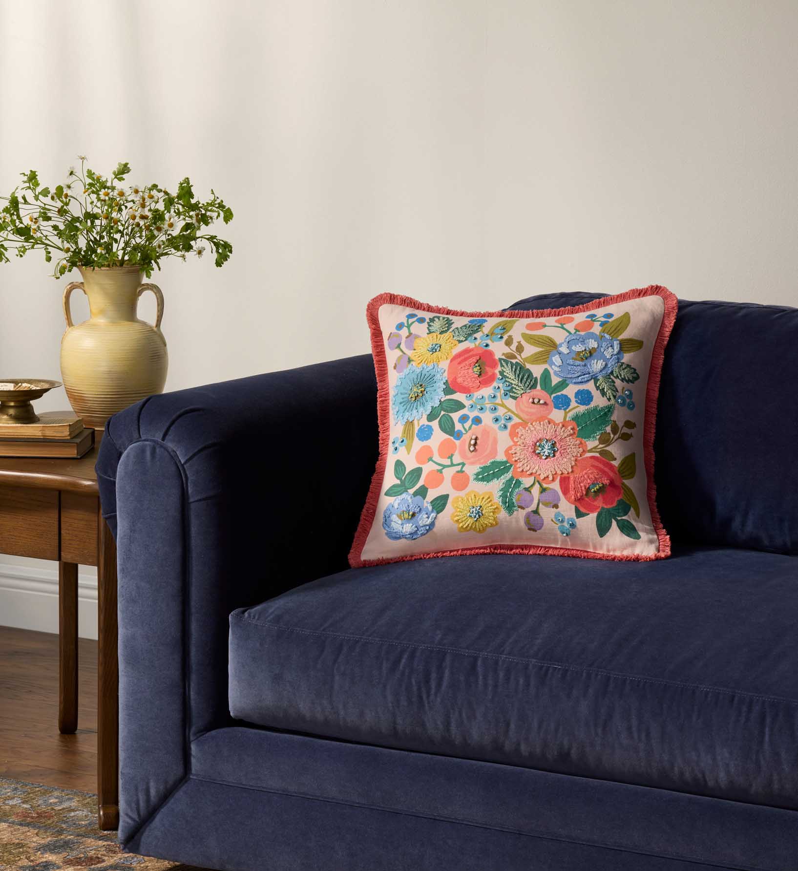 Vintage Garden Embroidered Pillow - Blush